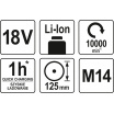 Bruska úhlová AKU 125 mm 18V 10000 ot. (bez baterie)